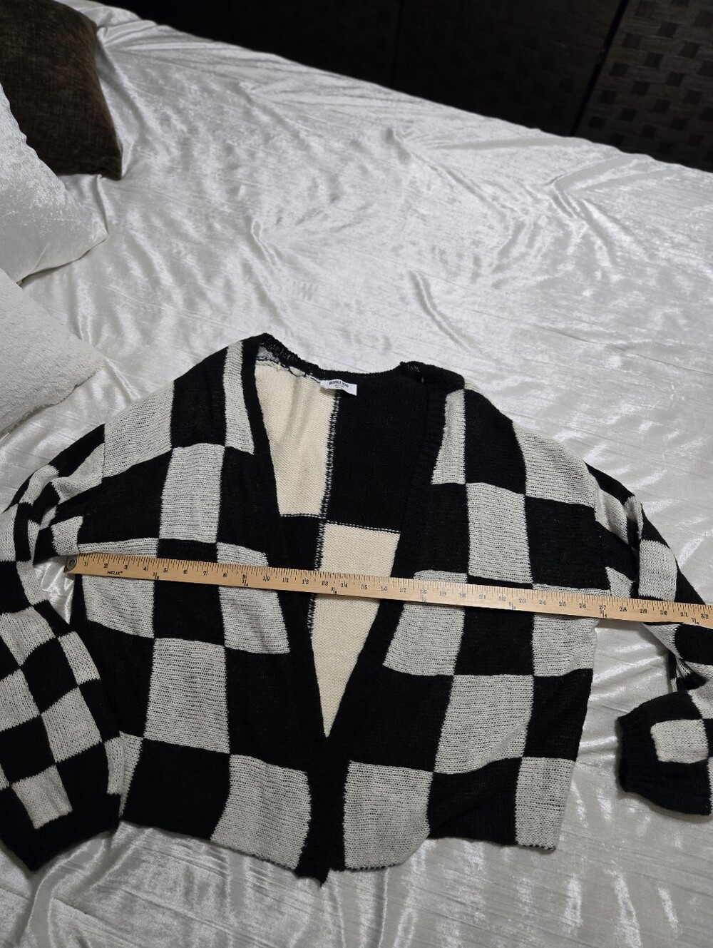Black and Cream Checkered Open-Front Women's Sweater Cardigan EUC by Double Zero - Picture 5 of 12